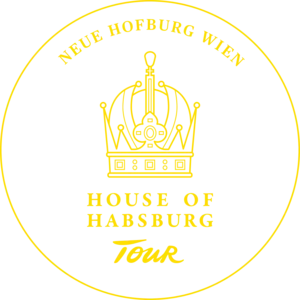 Logo der Neuen Hofburg in Wien, das eine stilisierte Krone zeigt. Umrandet von der Aufschrift „NEUE HOFBURG WIEN“ oben und „HOUSE OF HABSBURG TOUR“ unten. Das Design ist in Gelb gehalten und vermittelt ein historisches Thema.